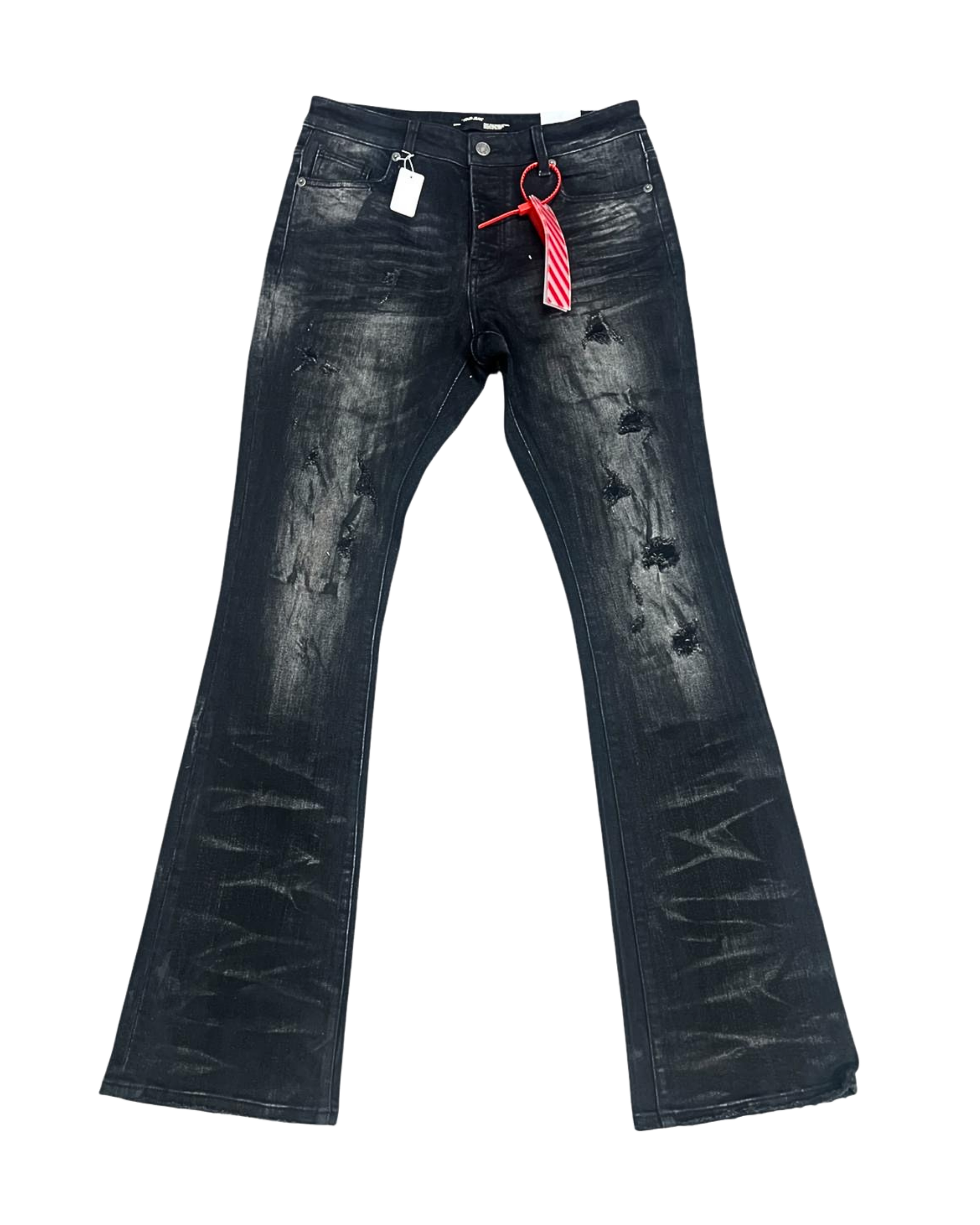 Black Wash Stacked Jeans with Distressed Details