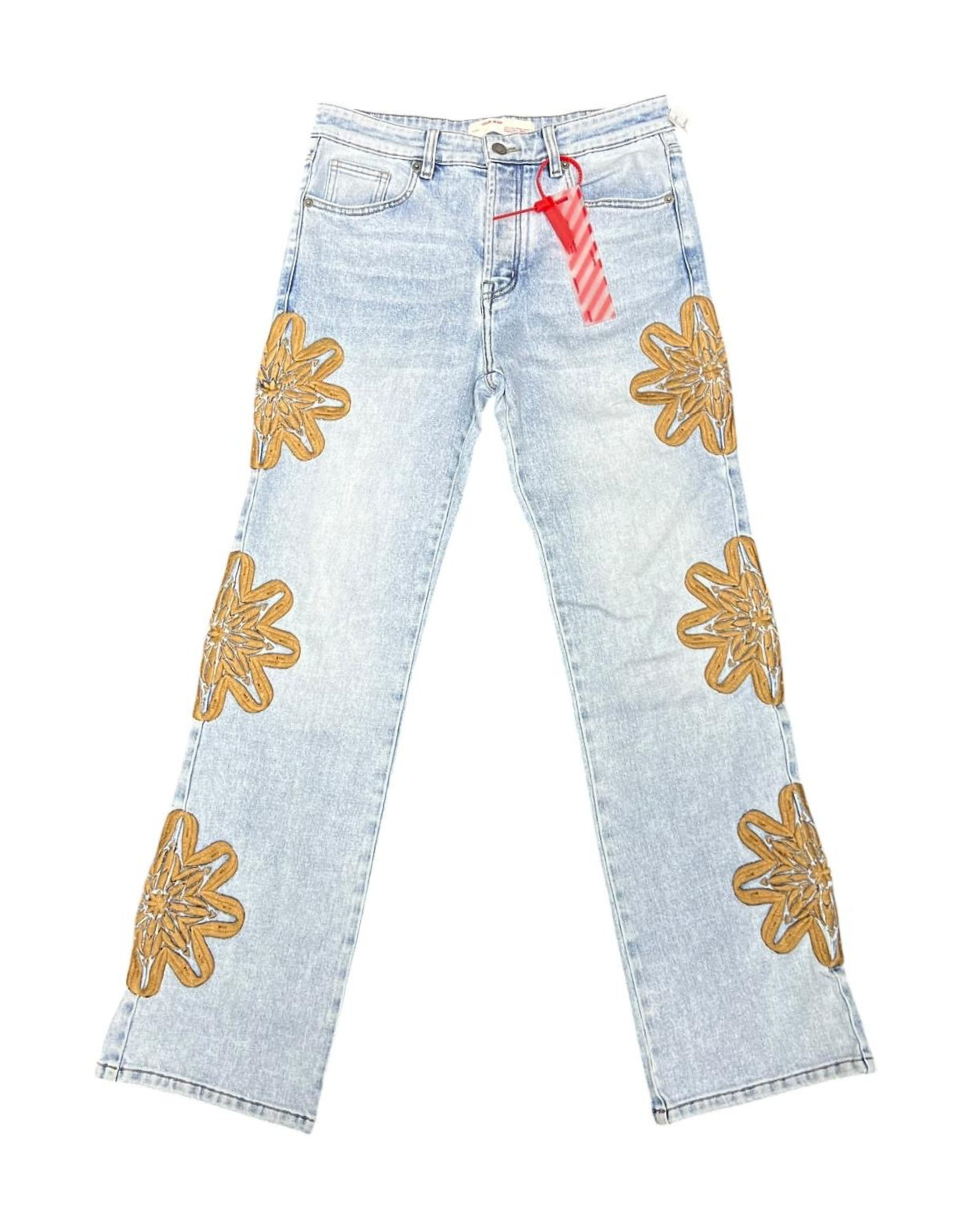 Baggy Floral Print Blue Jeans