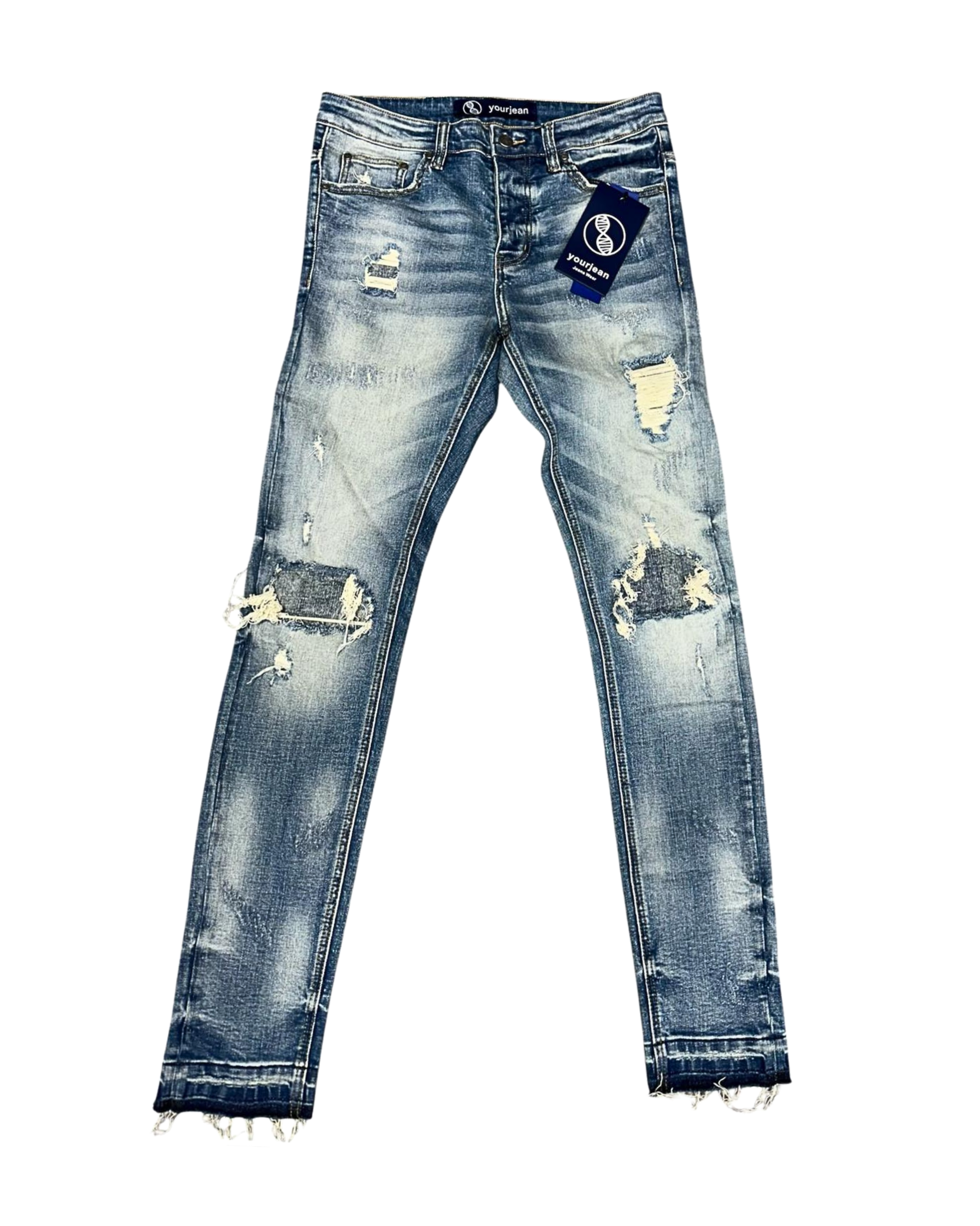 Blue Wash Heavy Distressed Skinny Jeans