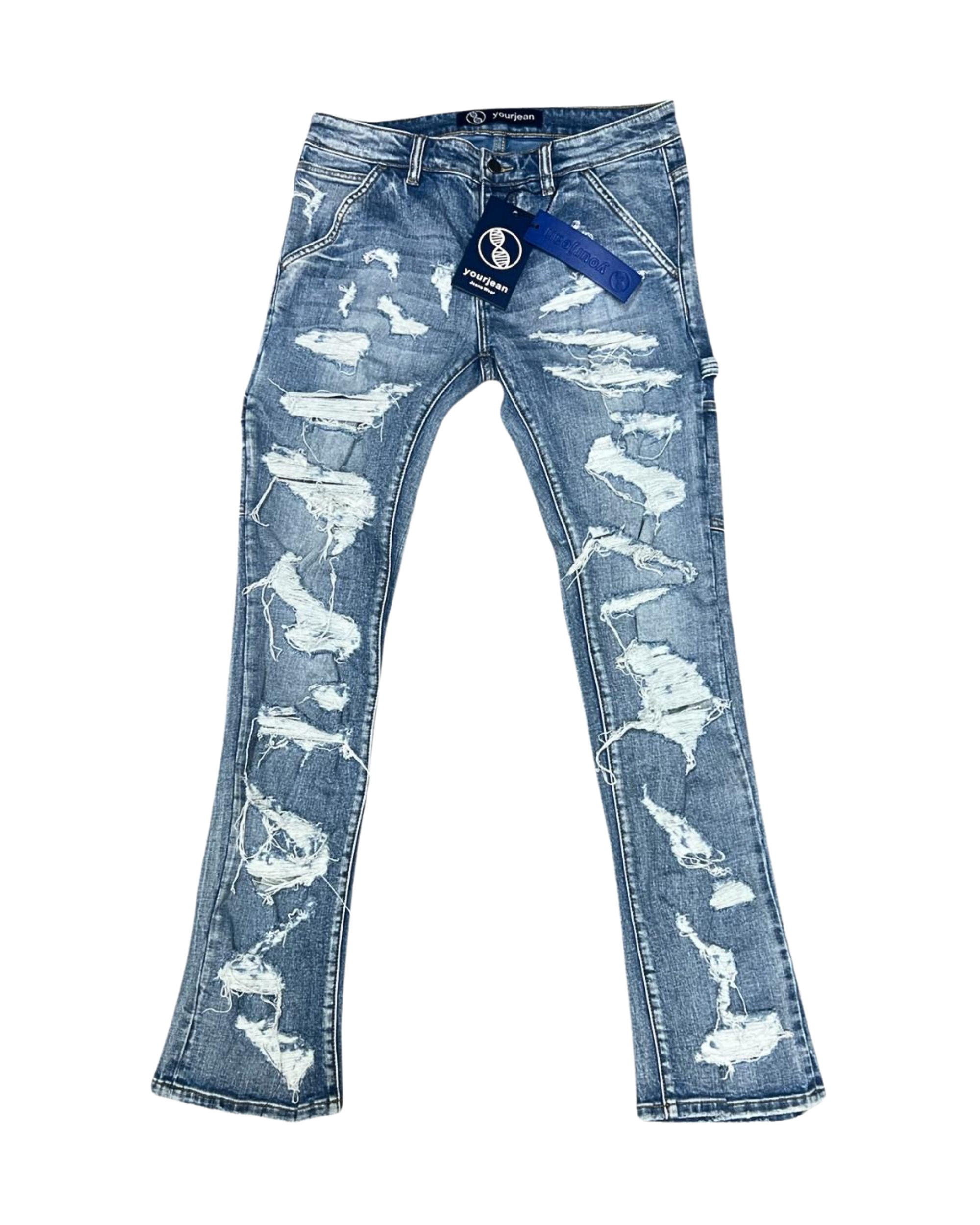 Blue Wash Patterned Stacked Jeans